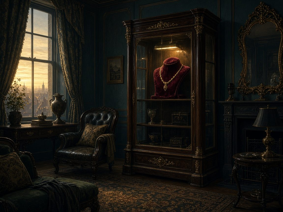 An empty velvet mount glowing inside a glass display cabinet in a drawing room.