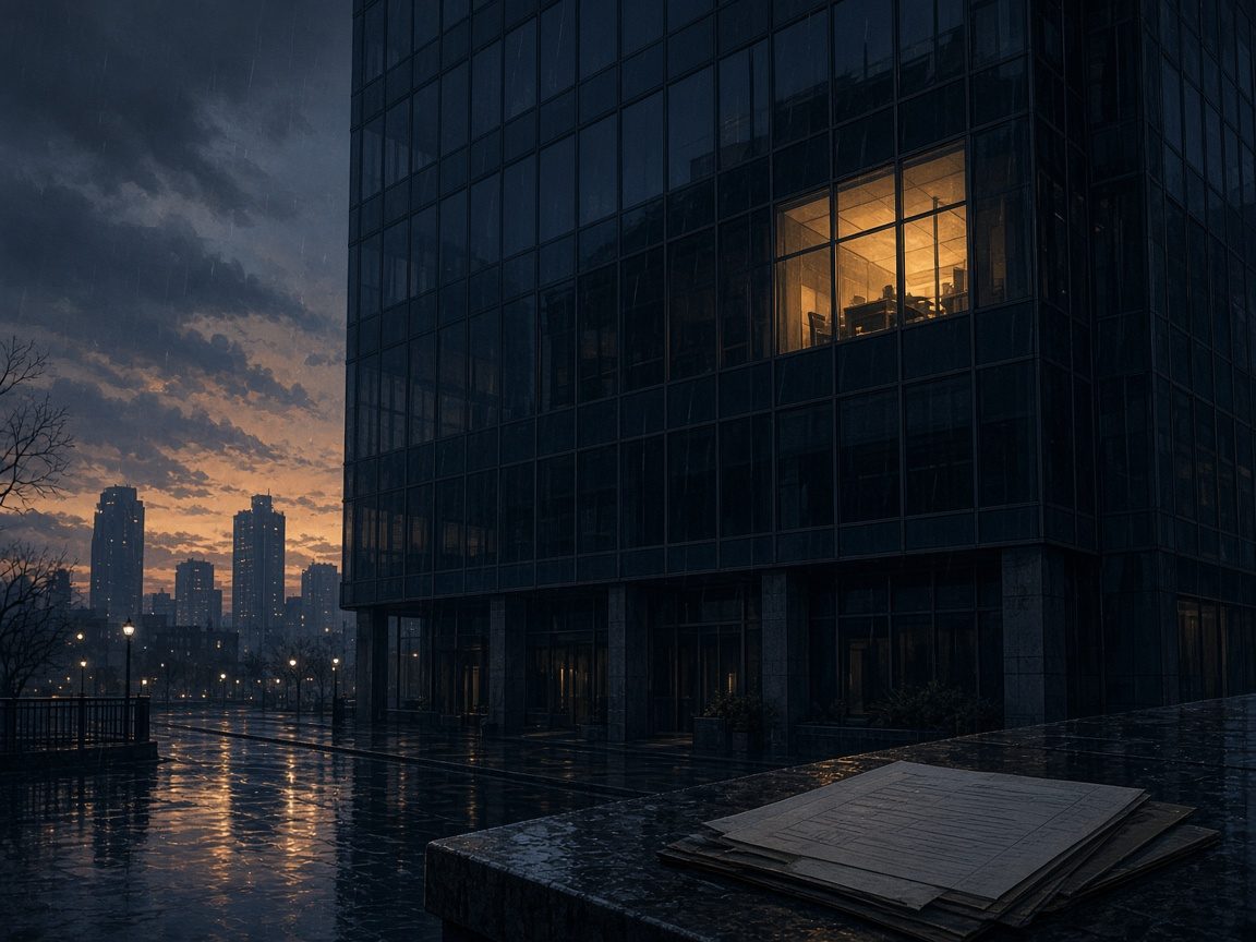 A glass foundation tower at dusk with a single lit office window.
