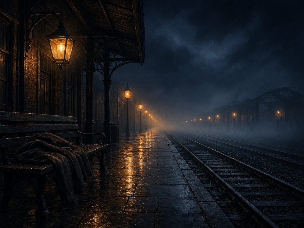 An empty wet railway platform at night with a folded coat on a bench.